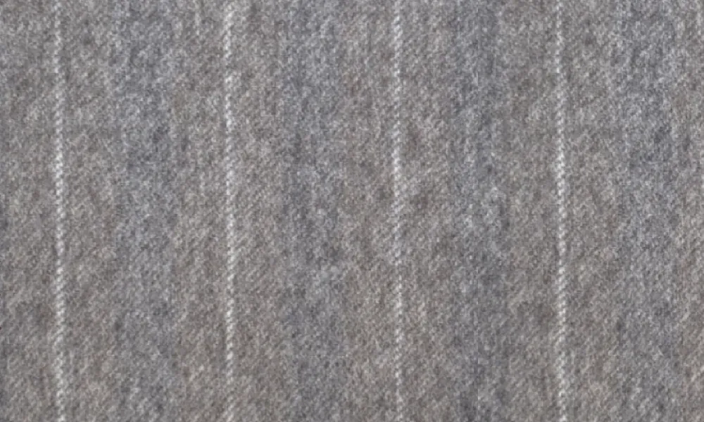 Picture of a seasonal suiting fabric. Composition: 85% wool, 15% cashmere Weight: 360 g/m² Pattern: Wide grey and brown stripes